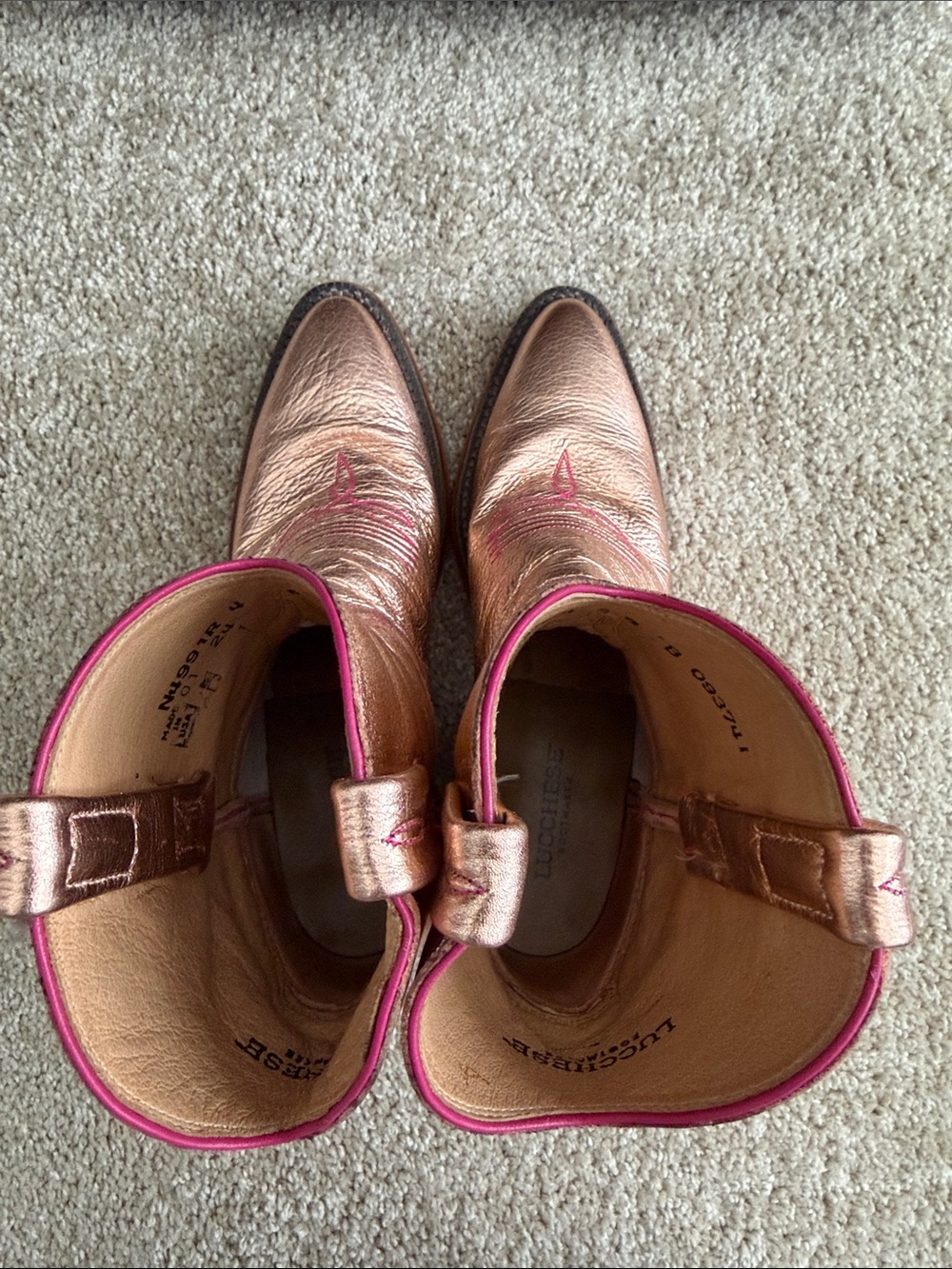 Lucchese Metallic Rose Gold Gabby Booties with Pink Stitching - Picture 6 of 7